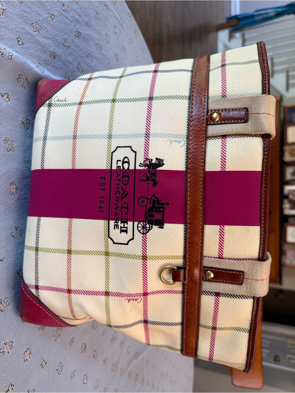 Coach Cream Plaid Shoulder Bag with Fuchsia Stripe
